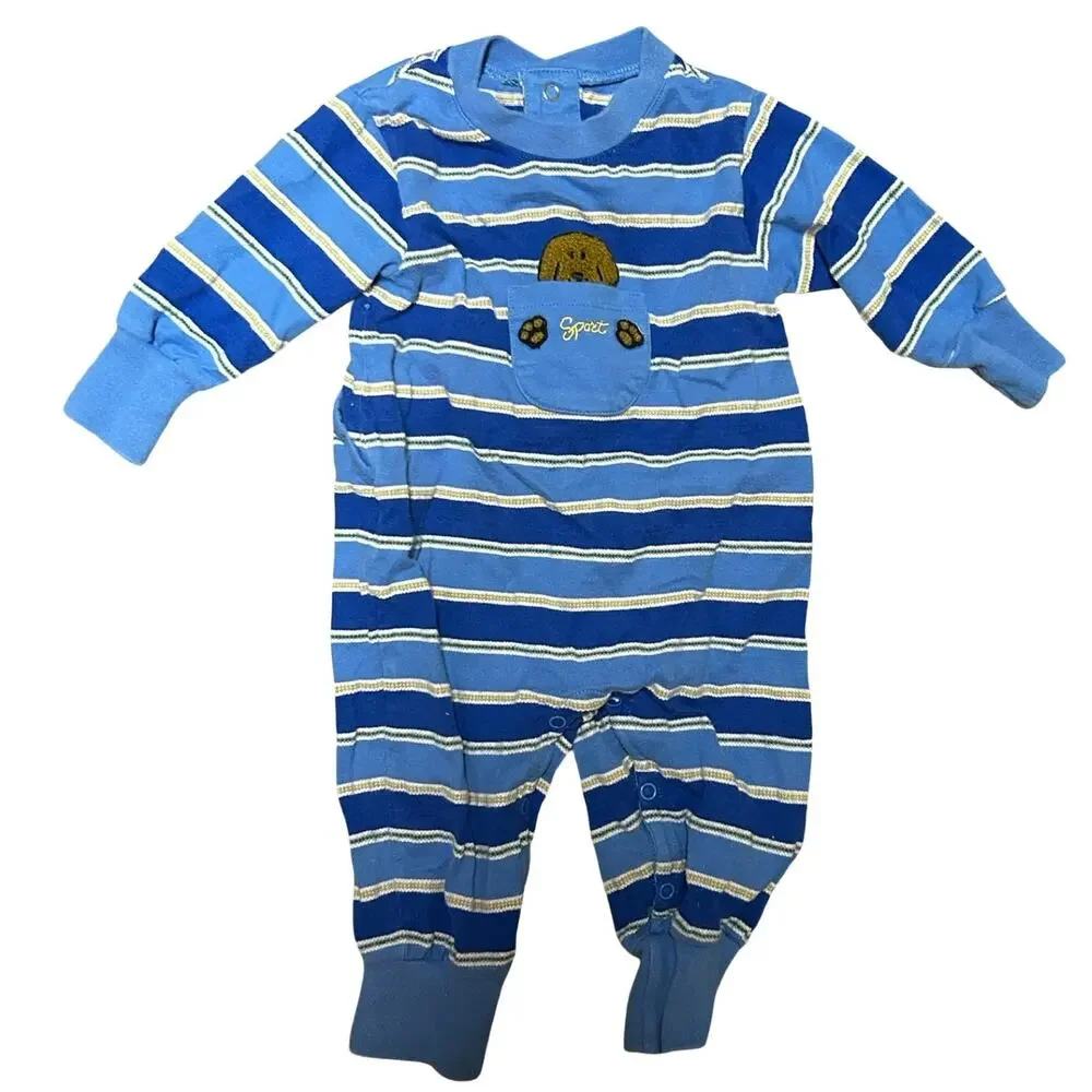 Vintage 90s Gymboree Romper 3-6 Months Blue Stripes Rainbow Tag Puppy Casual